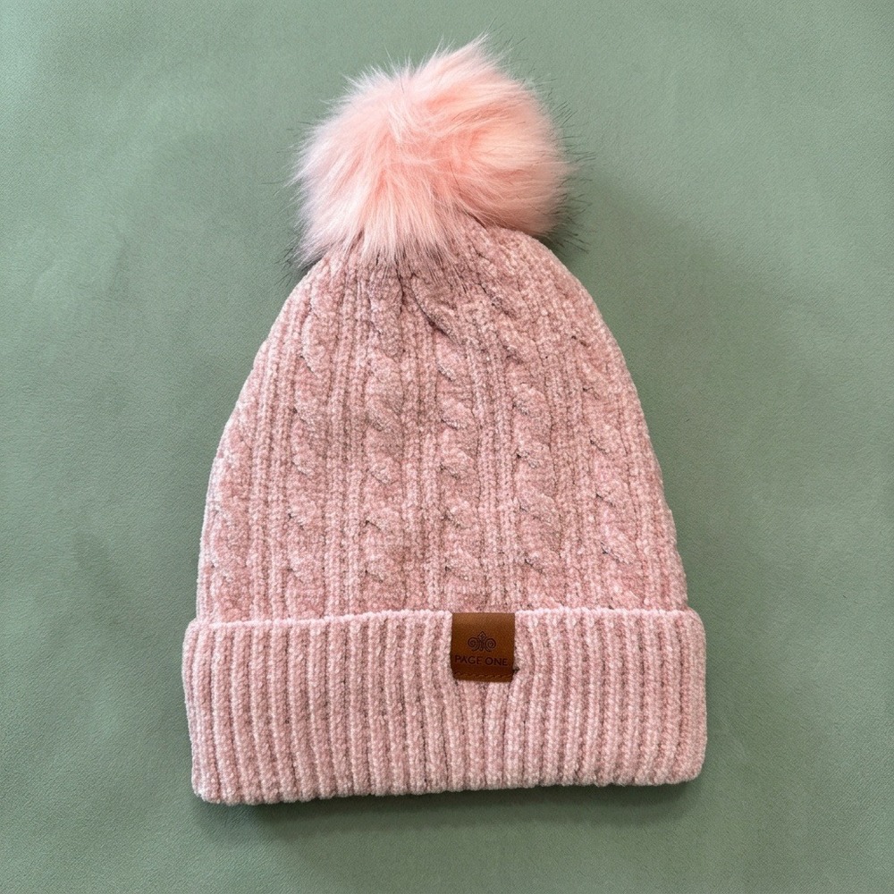 PAGE ONE Womens Dusty Pink Chenille Cable Knit Pom Beanie One Size NWT